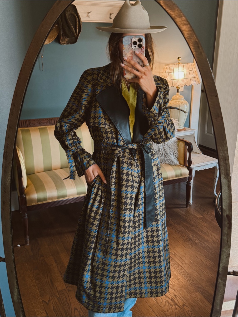 The Drop Martini Olive houndstooth Plaid Trench Coat Sz XS
